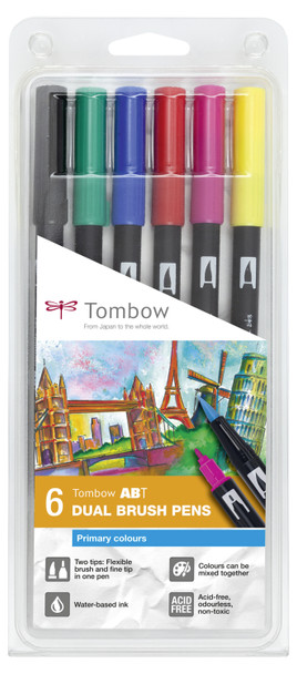Tombow Abt Dual Brush Pen 2 Tips Primary Assorted Colours Pack 6 ABT-6P-1
