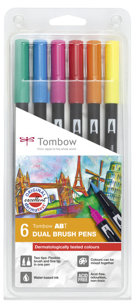 Tombow Abt Dual Brush Pen 2 Tips Dermatlogically Tested Assorted Colours Pack 6 ABT-6P-3