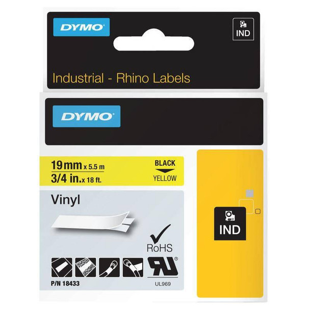 Dymo Rhino Industrial Vinyl Tape 19Mmx5.5M Black On Yellow 18433 18433