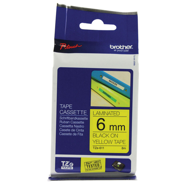 Brother P-Touch 6mm Black on Yellow TZE611 Labelling Tape BA8070