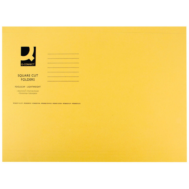 Q-Connect Square Cut Folder Lightweight 180gsm Foolscap Yellow Pack of 100 KF26027