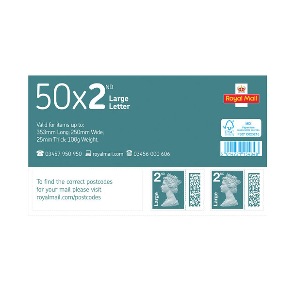 Royal Mail Second Class Large Postage Stamp Sheet Pack of 50 BBSL2 POF15484