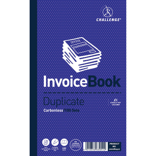 Challenge Duplicate Invoice Single VAT Column Book 100 Sets 210 x 130mm Pac JDB63054