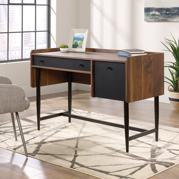 Hampstead Park Compact Home Office Desk Walnut With Black Accent Panels And Fram 5420284