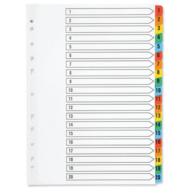 Q-Connect 1-20 Index Multi-punched Reinforced Board Multi-Colour Numbered T KF01521