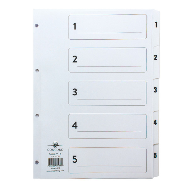 Concord Classic Index 1-5 A4 180Gsm Board White With Clear Mylar Tabs 00501/CS5 00501/CS5