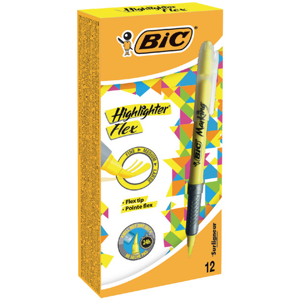 Bic Flex Highlighter Pen Chisel Tip 1.6-3.3Mm Line Yellow Pack 12 942040