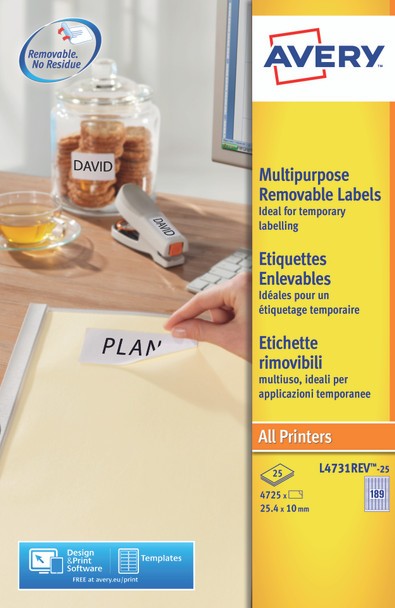 Avery Multipurpose Mini Removable Label 25.4X10mm 189 Per A4 Sheet White Pack 47 L4731REV-25