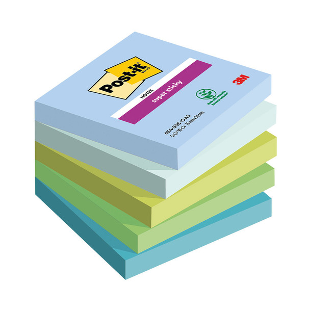 Post-it Super Sticky Oasis Colour 76x76mm 90 Sheet Pack of 5 7100258898 3M92428