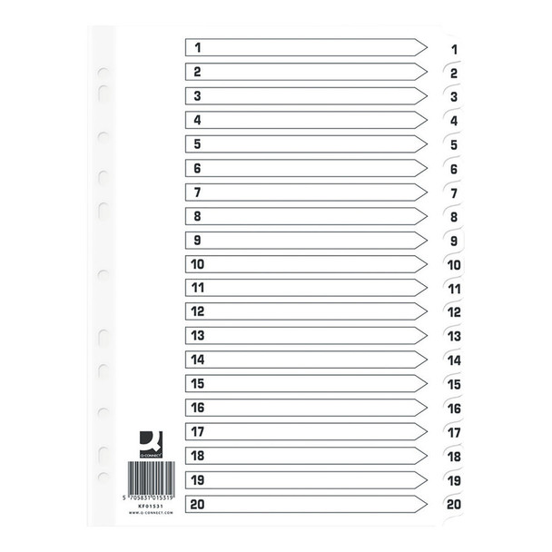 Q Connect Index 1-20 Board Reinforced White Pack of 10 KF01531Q KF01531Q