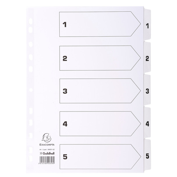 Exacompta Index 1-5 A4 160Gsm Card White With White Mylar Tabs MWD1-5Z