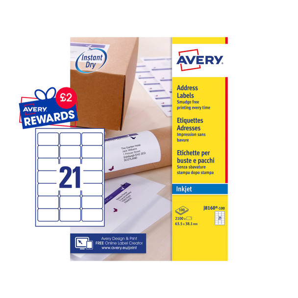 Avery Inkjet Address Label 63.5X38.1Mm 21 Per A4 Sheet White Pack 2100 Labels J8 J8160-100