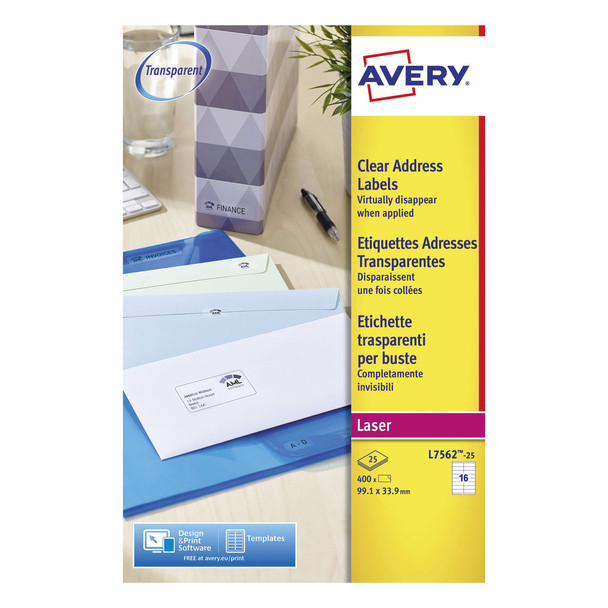 Avery Clear Laser Labels 99x34mm Pack of 400 L7562-25 AVL7562S