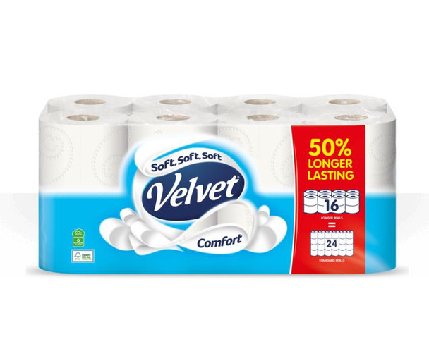 Velvet Comfort Toilet Tissue Extra Long Rolls White Pack 16 - 1102187 1102187