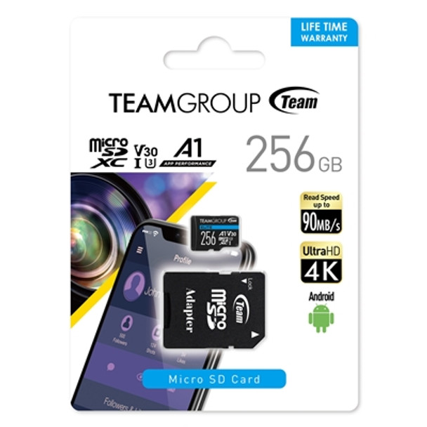Team Elite A1 256Gb Micro Sdxc Uhs-1 Flash Card With Adapter for Android & 4K TEAUSDX256GIV30A103