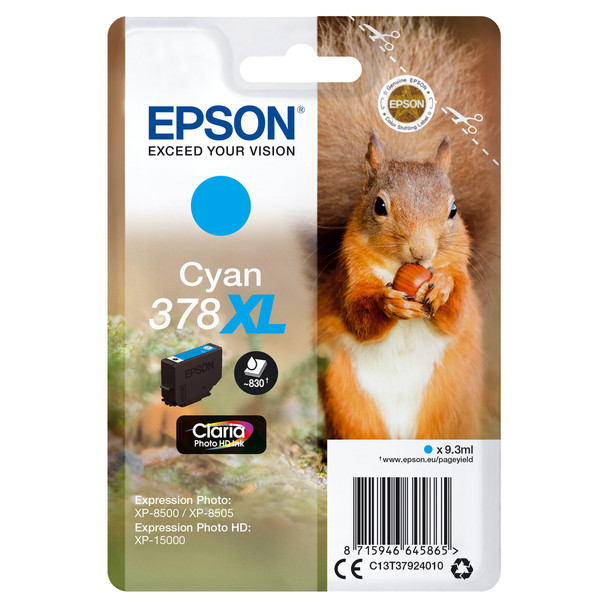 Epson Squirrel Singlepack Cyan 378XL Claria Photo HD Ink High XL Yield 9.3 ml 83 C13T37924010