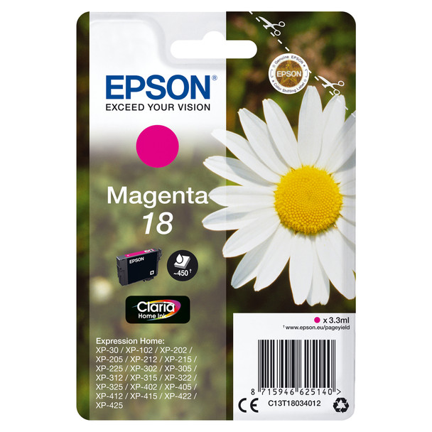 Epson Daisy Singlepack Magenta 18 Claria Home Ink Standard Yield Pigment-based i C13T18034012