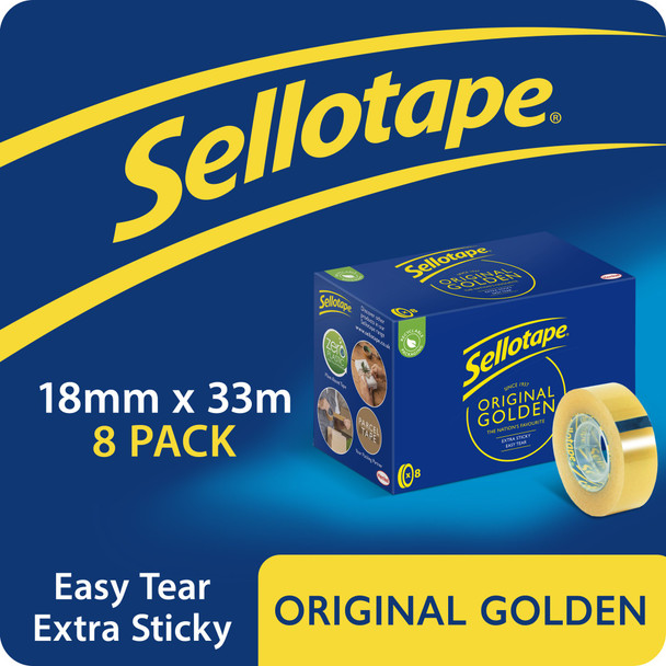 Sellotape Original Easy Tear Extra Sticky Golden Tape 18Mm X 33M Pack 8 - 144325 2973856 Sellotape Original Easy Tear Extra Sticky Golden Tape 18Mm X 33M Pack 8 - 144325 2973856