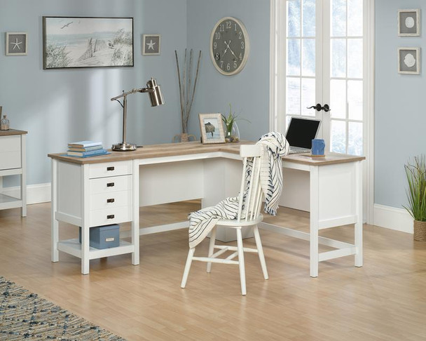 Shaker Style Home Office L-Shaped Desk White With Oak Desktop - 5428225 - 5428225