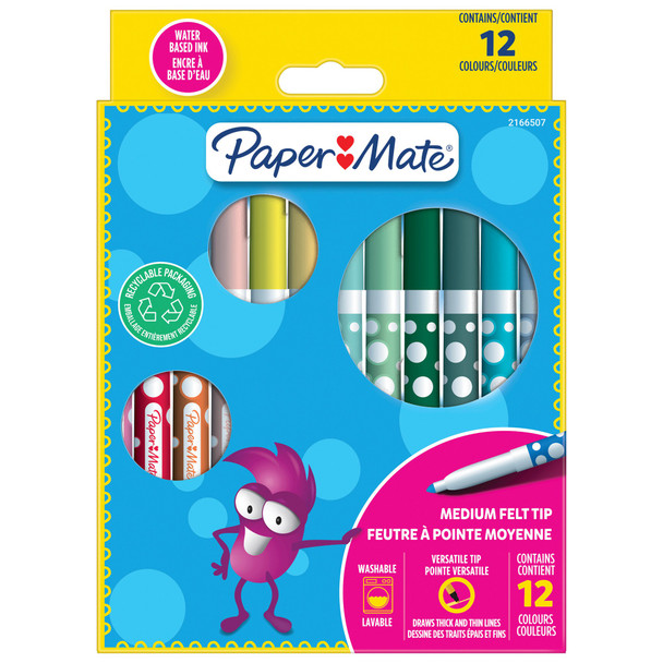 Paper Mate Childrens Felt Tip Colouring Pen Washable Assorted Colours Pack 12 21 2166507