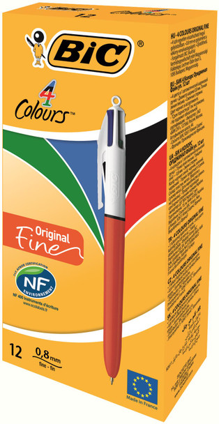 Bic 4 Colours Fine Ballpoint Pen 0.8Mm Tip 0.30 Line Red/White Barrel Black/Blue 982867