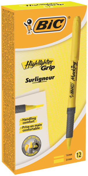 Bic Grip Highlighter Pen Chisel Tip 1.6-3.3Mm Line Yellow Pack 12 811935