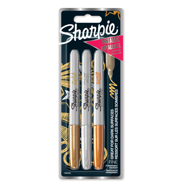 Sharpie Permanent Marker Fine Tip 0.9Mm Line Assorted Metallic Colours Pack 3 1986006