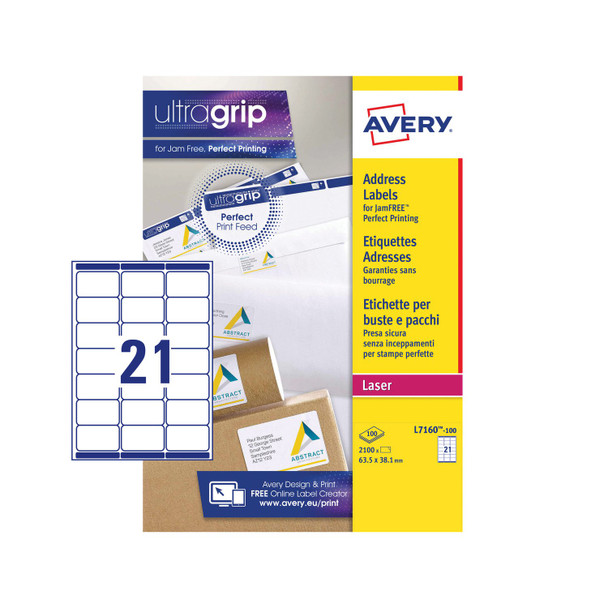 Avery Laser Address Label 63.5X38.1Mm 21 Per A4 Sheet White Pack 2100 Labels L71 L7160-100