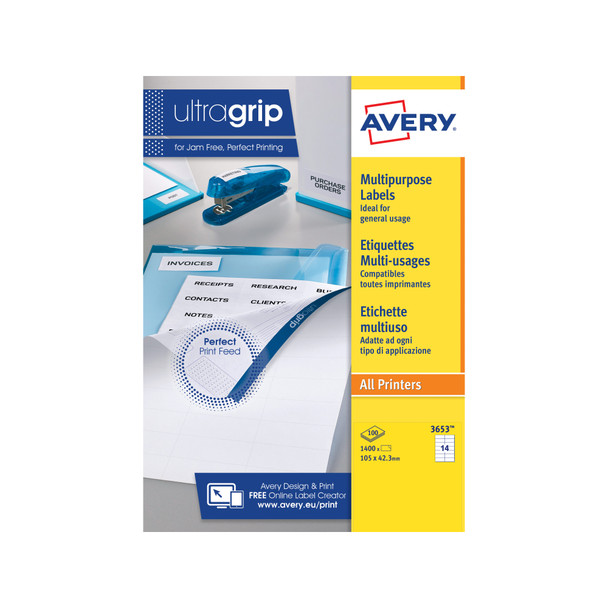 Avery Multipurpose Label 105X423mm 14 Per A4 Sheet White Pack 1400 Labels 3653 3653