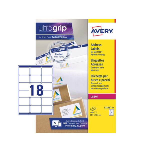 Avery Laser Address Label 63.5X46.6Mm 18 Per A4 Sheet White Pack 720 Labels L716 L7161-40