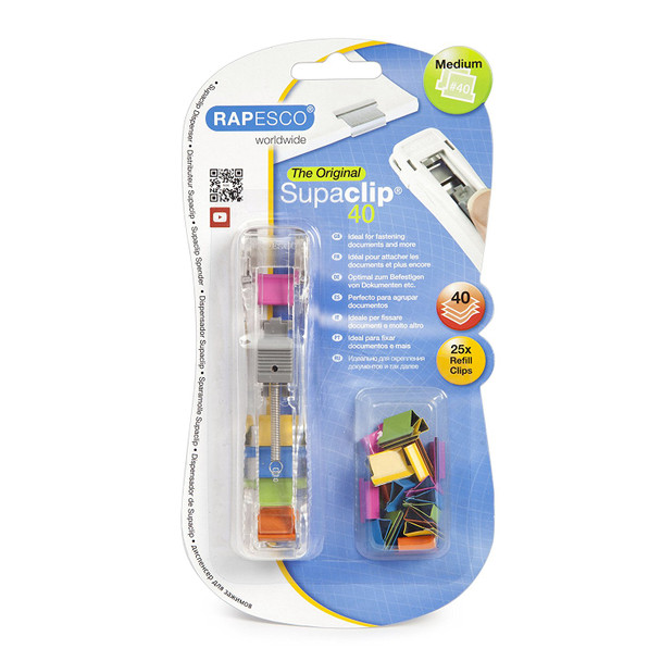 Rapesco Supaclip 40 Dispenser And 25 Multicoloured Clips 40 Sheet Capacity RC4025MC