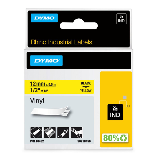 Dymo Rhino Industrial Vinyl Tape 12Mmx5.5M Black On Yellow 18432 18432 Dymo Rhino Industrial Vinyl Tape 12Mmx5.5M Black On Yellow 18432 18432