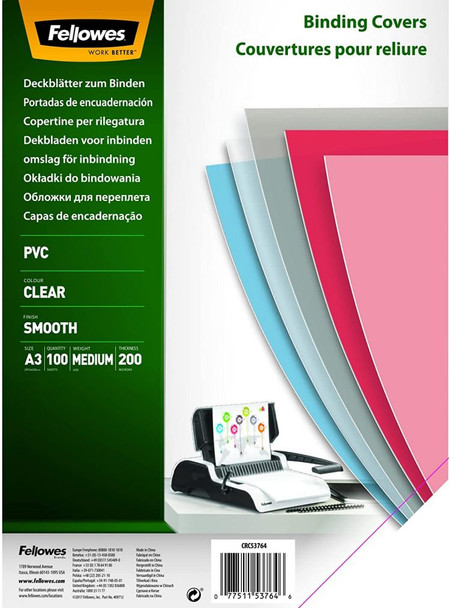 Fellowes PVC A3 Clear Cover 200 Micron Pack of 100 53764