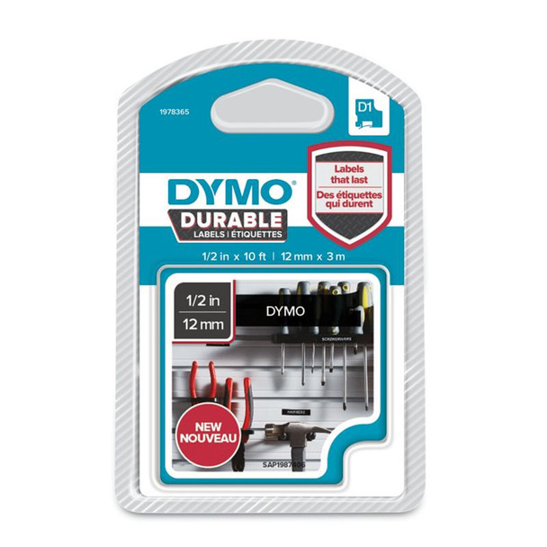 Dymo 1978365 D1 Durable 12mm x 3M Tape White on Black 1978365