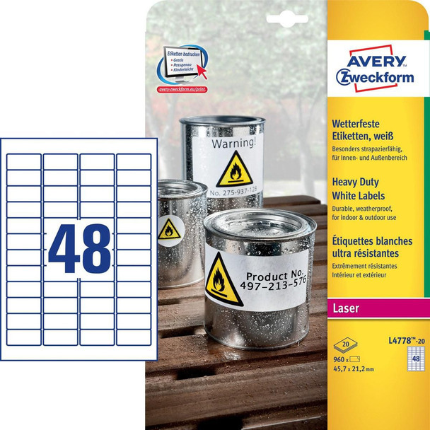 Avery L4778-20 White Heavy Duty Laser Labels L4778-20