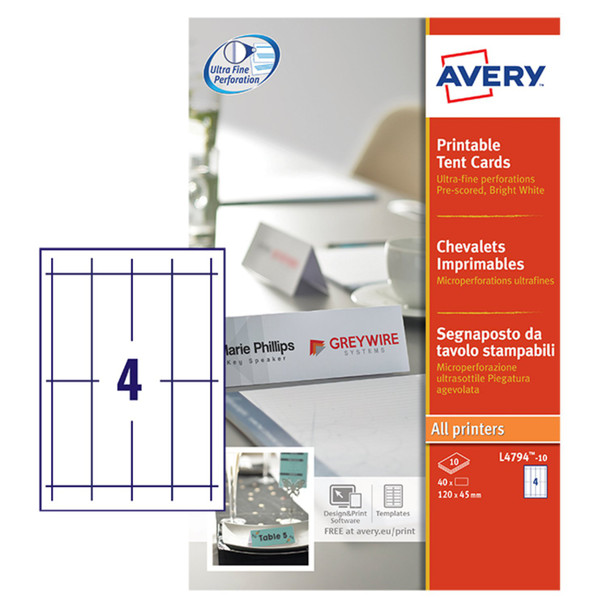 Avery Printable Tent Card 120X45mm 4 Per Sheet 190Gsm White Pack 40 L4794-10 L4794-10
