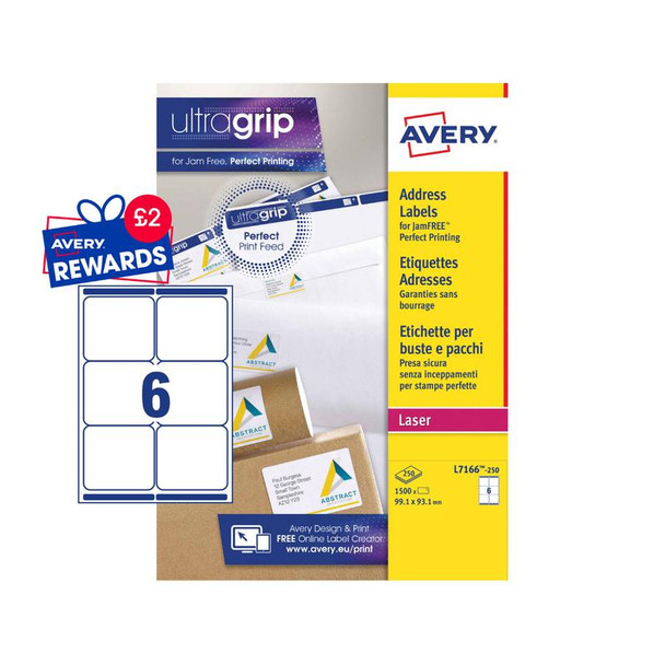 Avery Laser Parcel Label 99X93mm 6 Per A4 Sheet White Pack 1500 Labels L7166-250 L7166-250