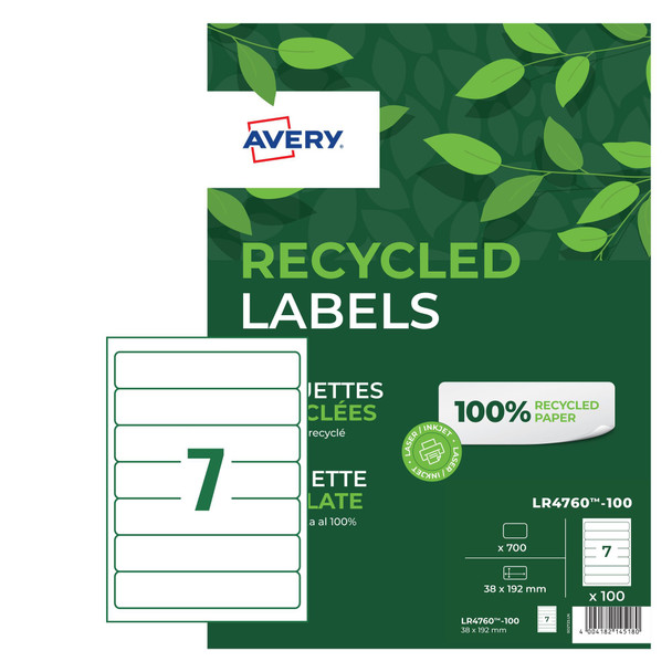 Avery Recycled Filing Label Lever Arch File 192X38mm 7 Per A4 Sheet White Pack 7 LR4760-100