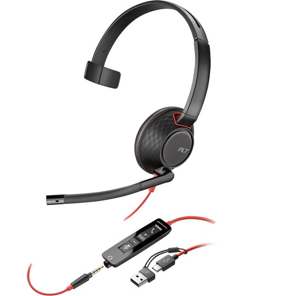 POLY Blackwire 5210 Monaural USB-C Headset +3.5mm Plug +USB-C/A Adapter 8X230AA