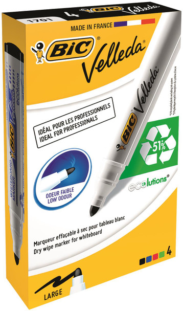 Bic Velleda 1701 Whiteboard Marker Bullet Tip 1.5Mm Line Assorted Colours Pack 4 904941