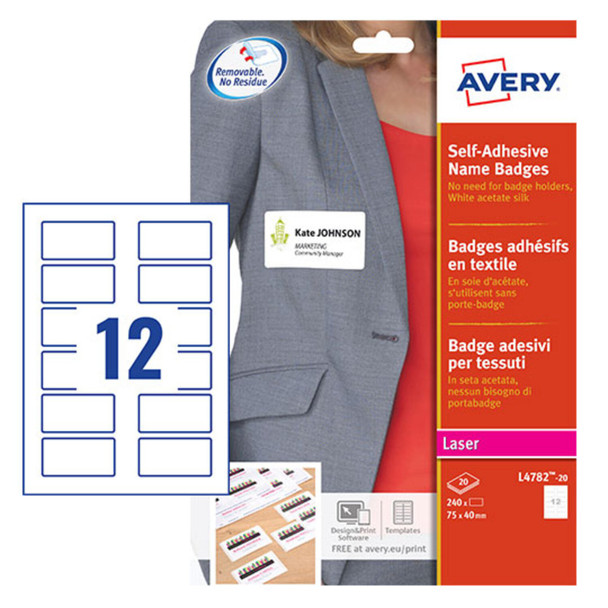 Avery Self Adhesive Name Badges 75 X 40 Mm Laser Acetate Silk 240 Labels / 20 Sh L4782-20
