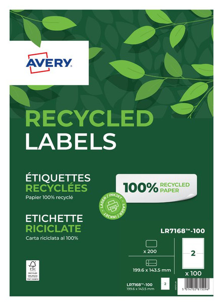 Avery Laser Recycled Address Label 199.6X143.5Mm 2 Per A4 Sheet White Pack 200 L LR7168-100