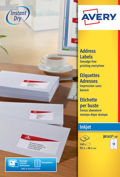 Avery Inkjet Address Labels 99.1 X 38.1 Mm White  Pack 140 Labels - J8163-10 J8163-10