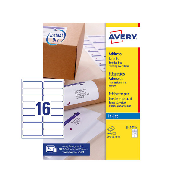 Avery Inkjet Address Label 99X34mm 16 Per A4 Sheet White Pack 400 Labels J8162-2 J8162-25
