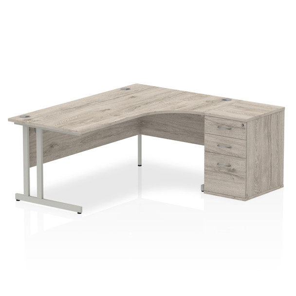 Dynamic Impulse 1800Mm Right Crescent Desk Grey Oak Top Silver Cantilever Leg Wo I003207