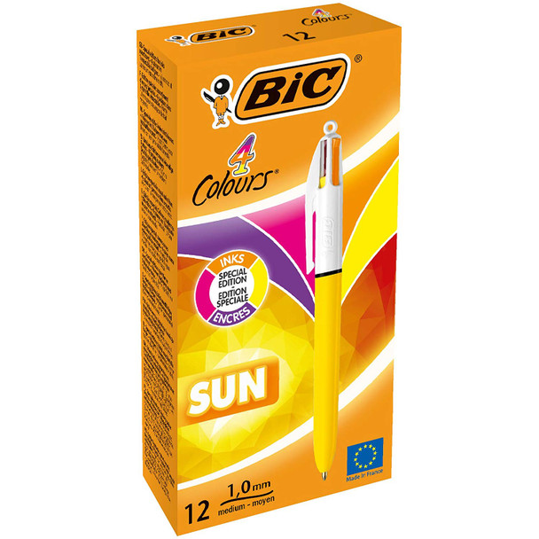 Bic 4 Colours Sun Sunny Yellow Barrel Ballpoint Pen 1.0Mm Tip 0.32Mm Line Pink/P 982871