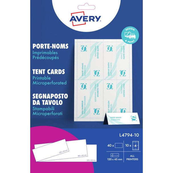 Avery L4794-10 120 x 45mm Tent Cards 10 Sheets - 4 Cards per Sheet AVERYL479410