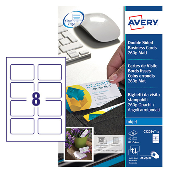 Avery Business Cards 85Mm X 54Mm Inkjet Prints On Both Sides 100 Cards / 10 Shee C32024-10.UK