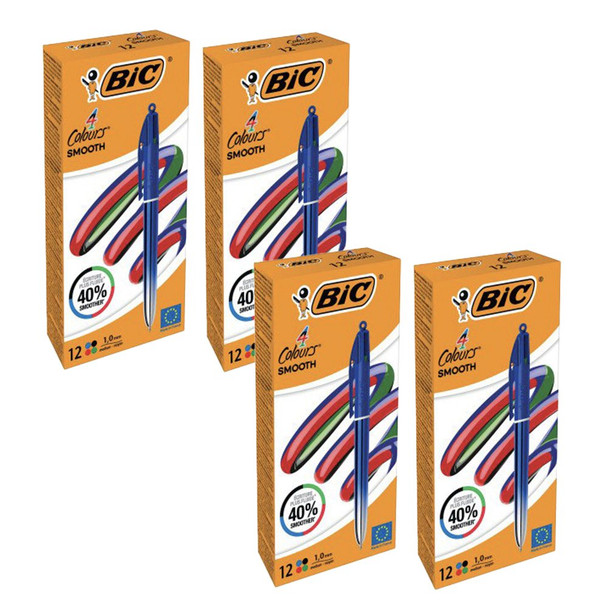 Bic 4 Colours Smooth Pro Blue Barrel Ballpoint Pen 1.0Mm Tip 0.32Mm Line Black/B 524091x4