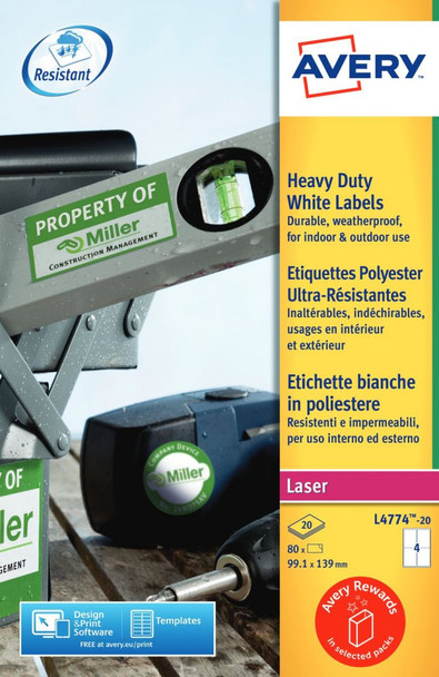 Avery L4774-20 Resistant Labels 20 sheets - 4 Labels per Sheet AVERYL4774